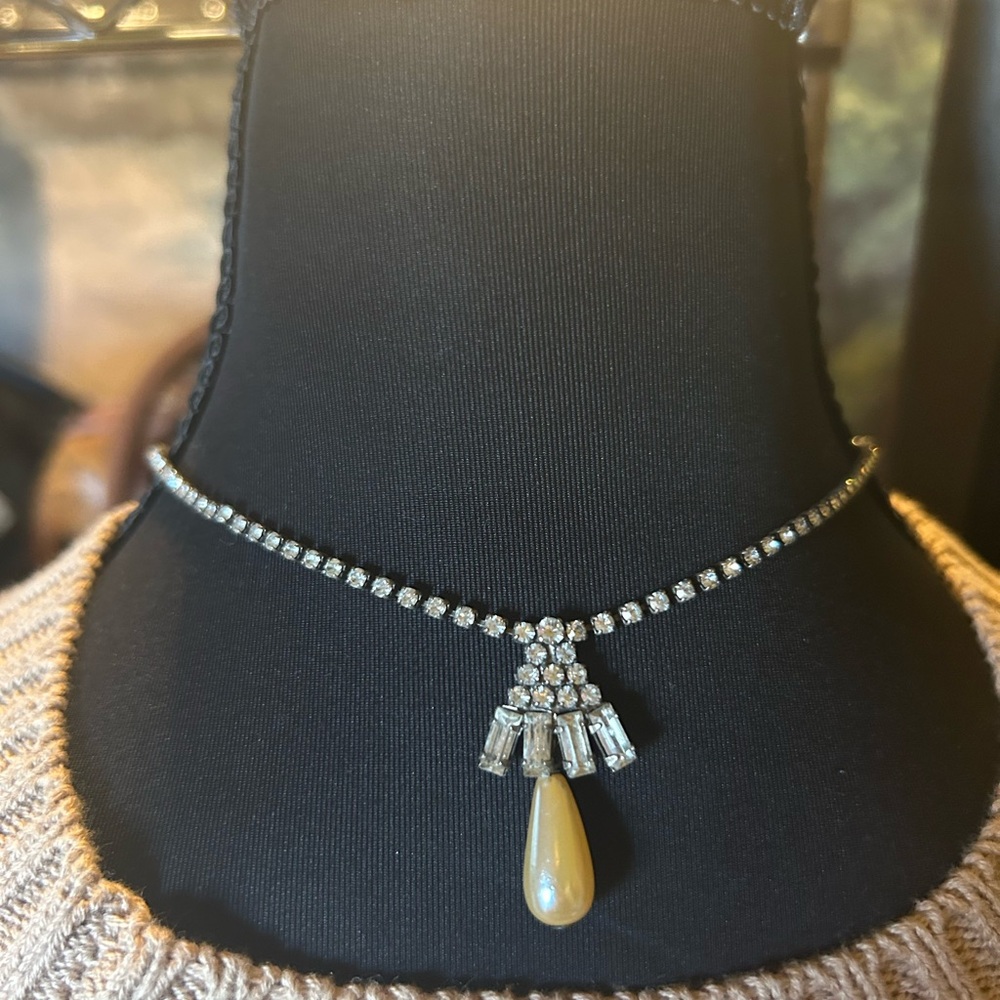 Vintage 1950s Rhinestone Baguettes-Choker Necklace with Pearl Teardrop Necklace